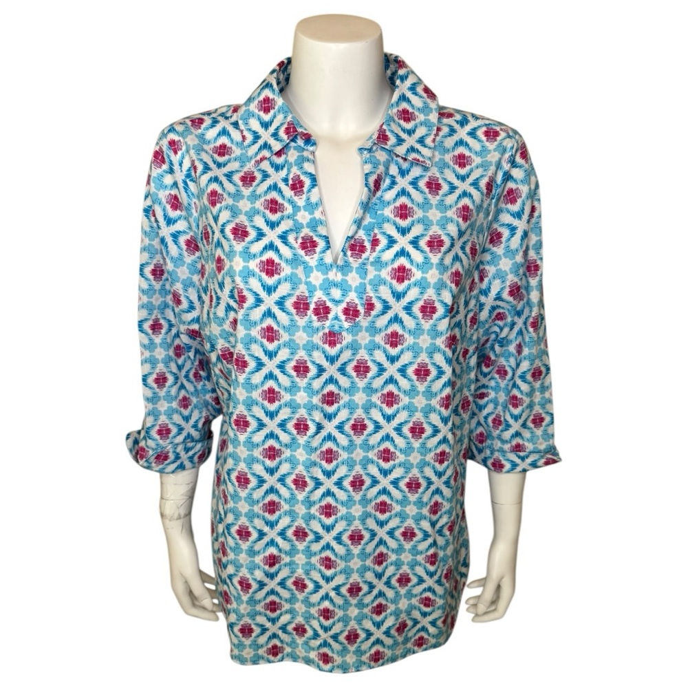 Foxcroft Wrinkle-Free Top Tunic 14W Popover V-neck Geometric Print Blue